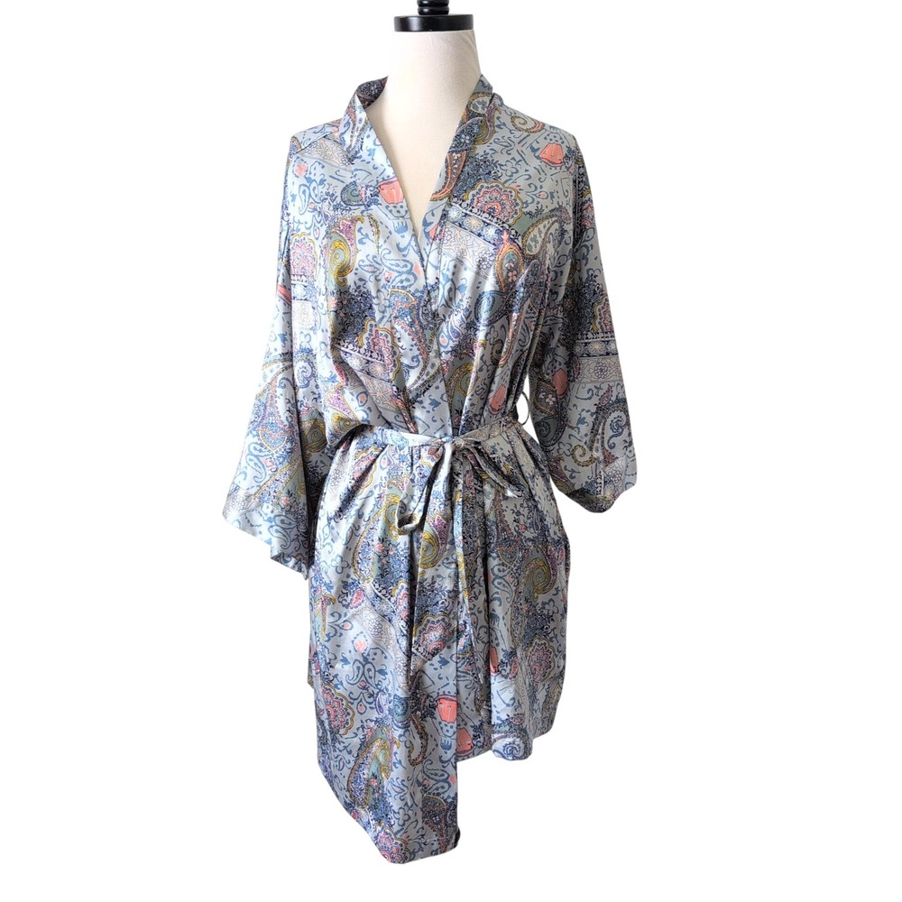 Victorias Secret Paisley Satin Kimono Robe Blue Gold M/L Loungewear Tie Belted